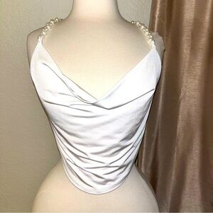 New White Stretch Cowl Neck Tie Back Crop Top with Pearl Shoulder Straps